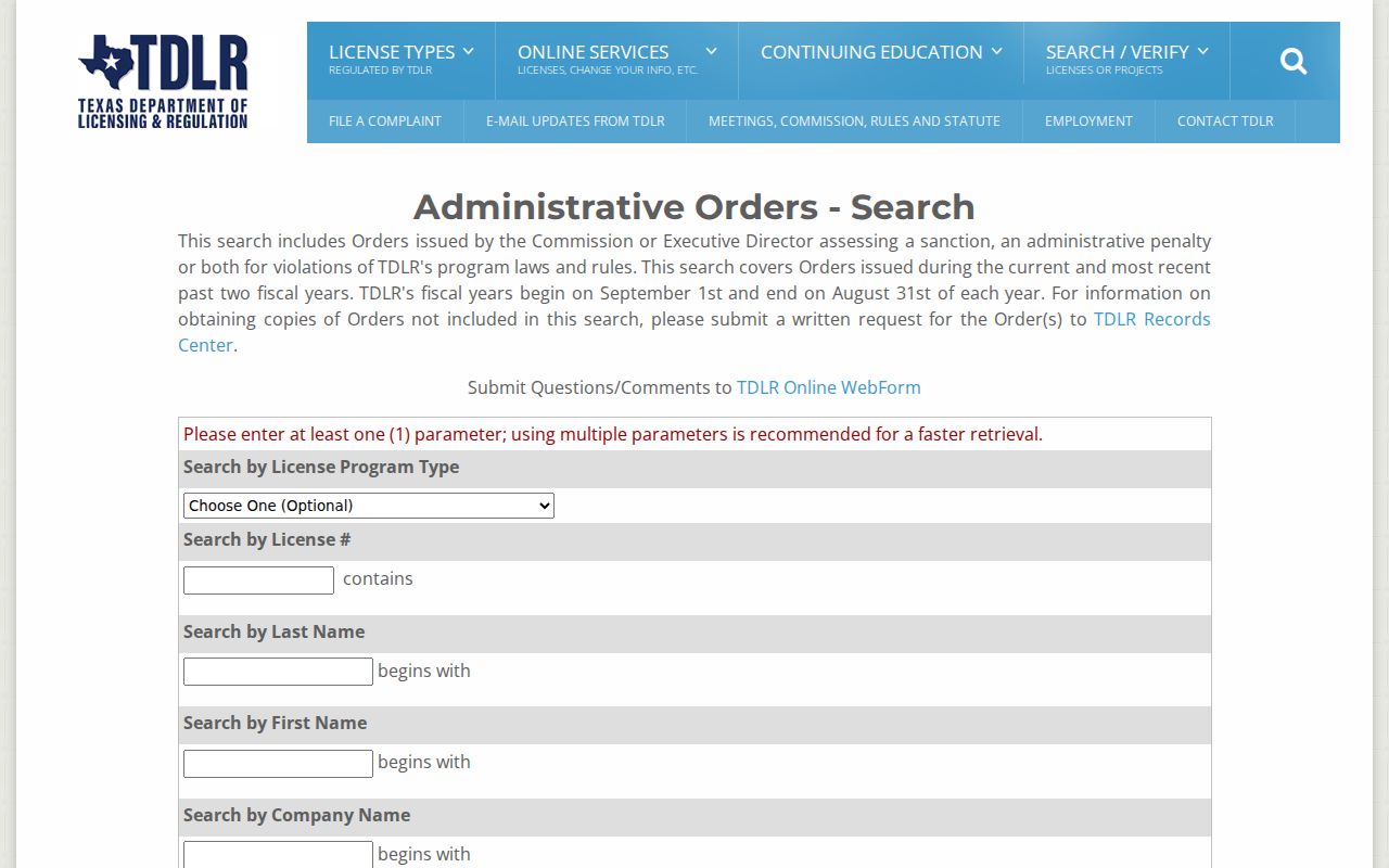 La Porte resident lookup TDLR administrative order search